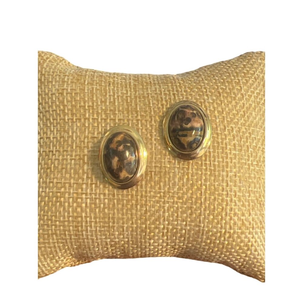 Vintage Gold Tone Leopard Jasper Stud Earrings Cabochon Domed Oval Estate .75"